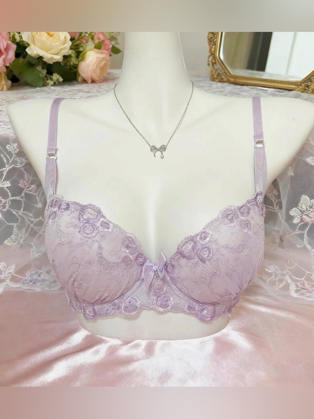 US-34C/JP-D75 Japanese Brand Flower Embroidery Satin Bow Super Push Up Bra